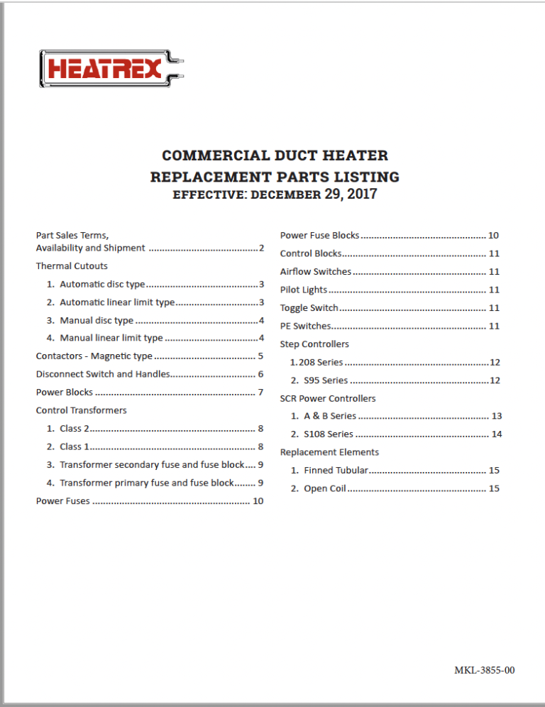 Duct Heaters Parts Heatrex